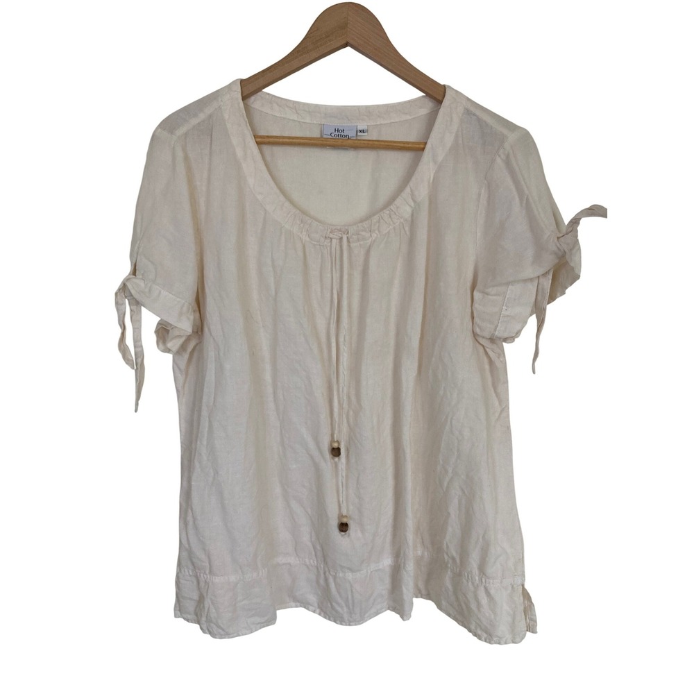 Hot Cotton Linen Blend Peasant Blouse XL Cream Short Sleeve Tie Bead Made in USA